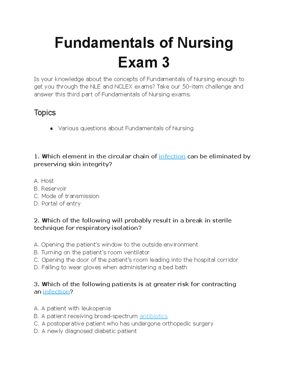 Fundamentals of Nursing Exam 3 - Topics Various questions about ...