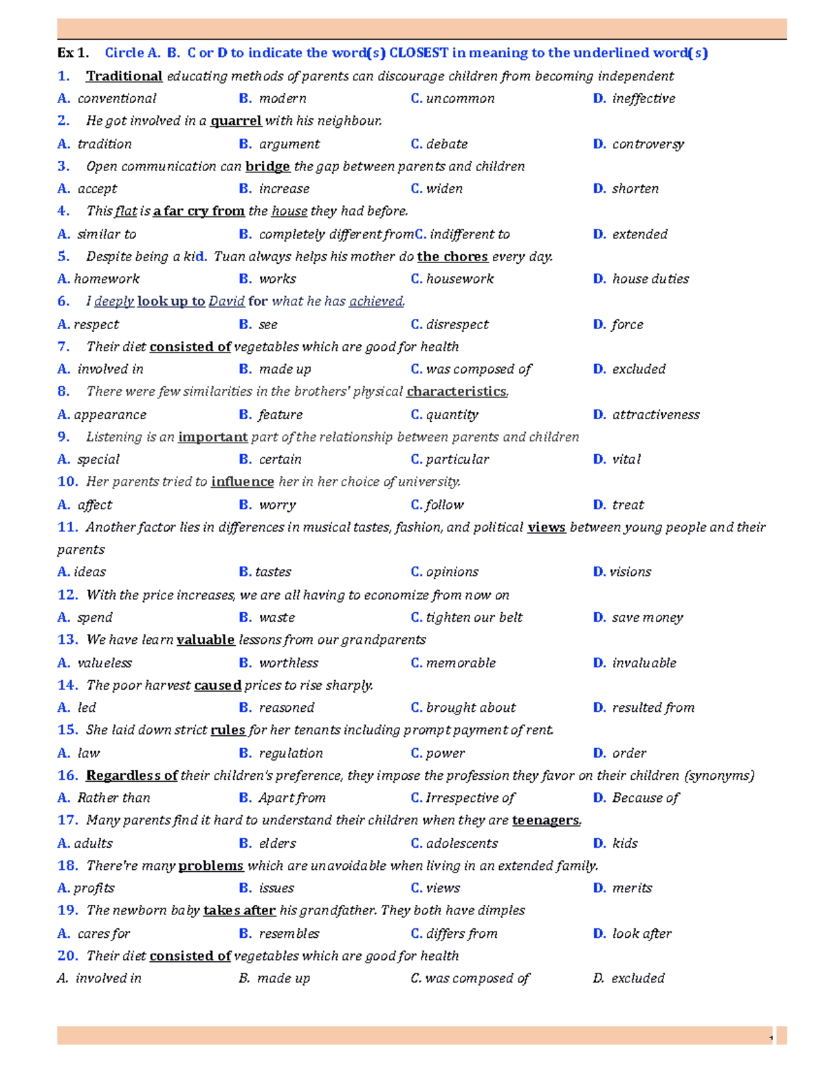 UNIT 2-HS - dfsdfs - Ex 1. Circle A. B. C or D to indicate the word(s ...