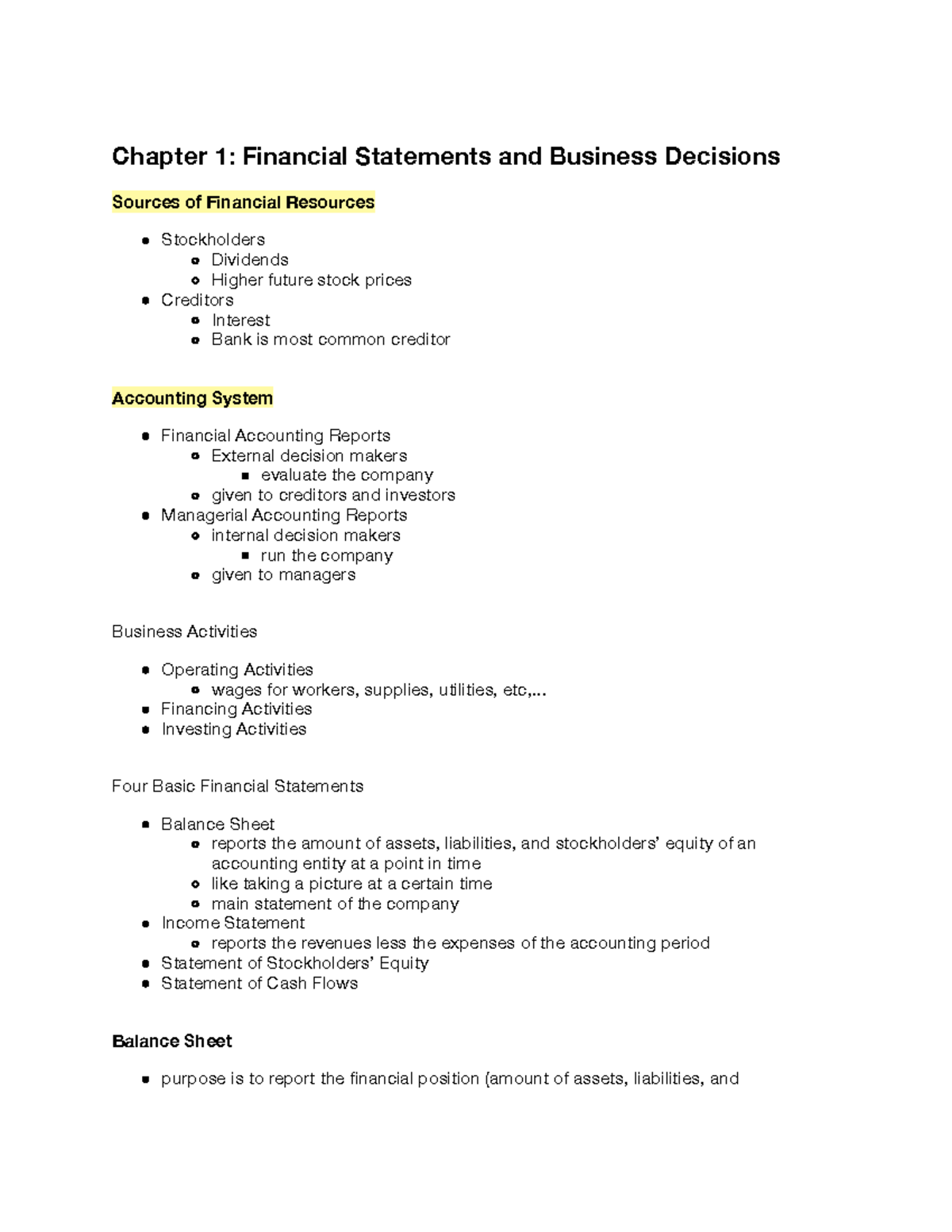 Chapter 1- Financial Statements And Business Decisions - .. Financing ...