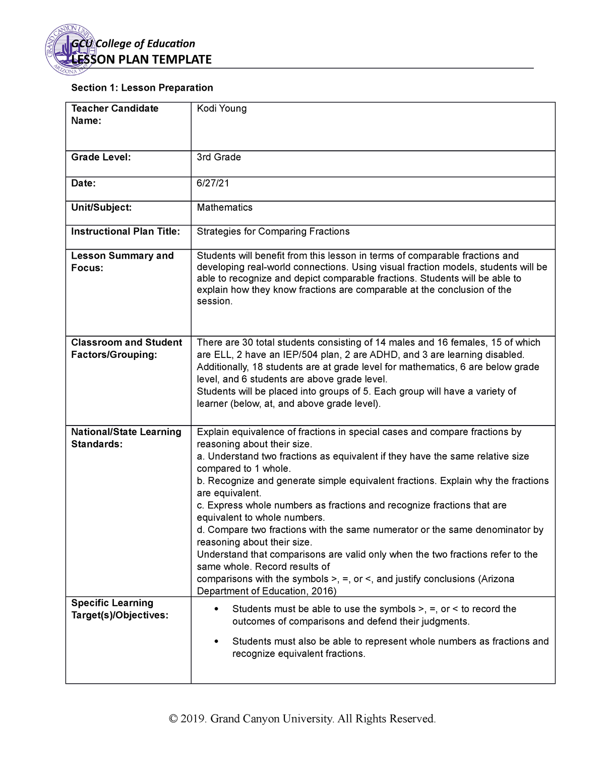 ELM 210 Benchmark - LESSON PLAN TEMPLATE Section 1: Lesson Preparation ...