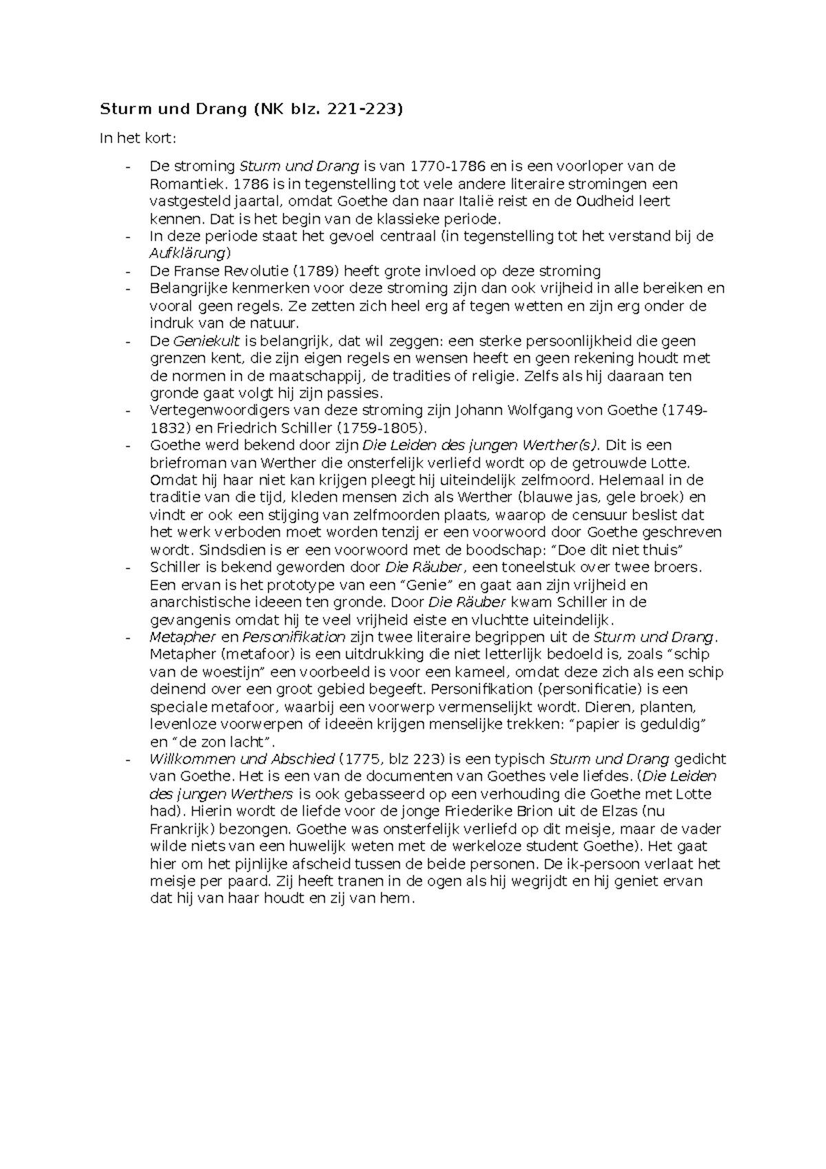 Sturm und Drang samenvatting NL Sturm und Drang (NK blz. 221223) In
