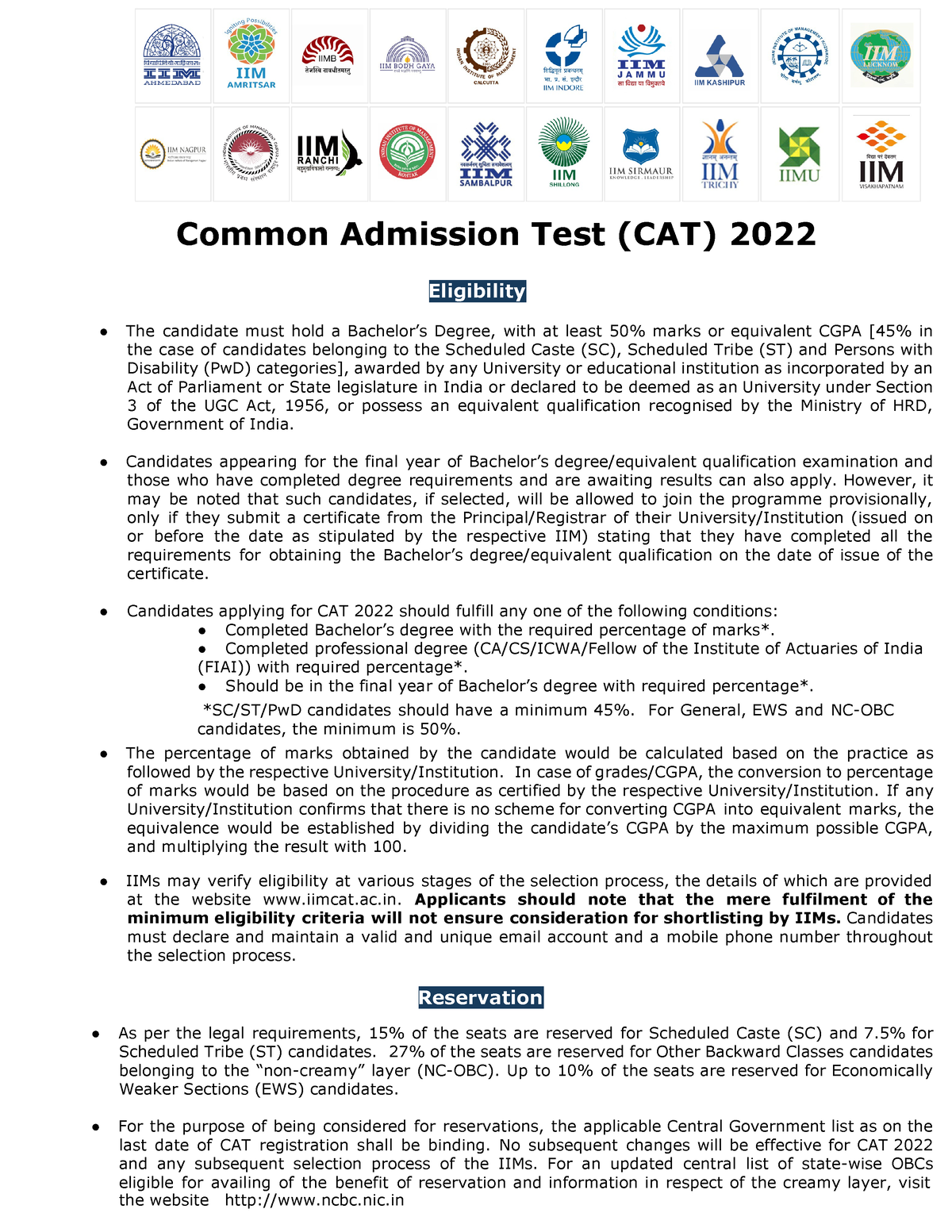 CAT 2022 Eligibility - Common Admission Test (CAT) 2022 Eligibility The ...