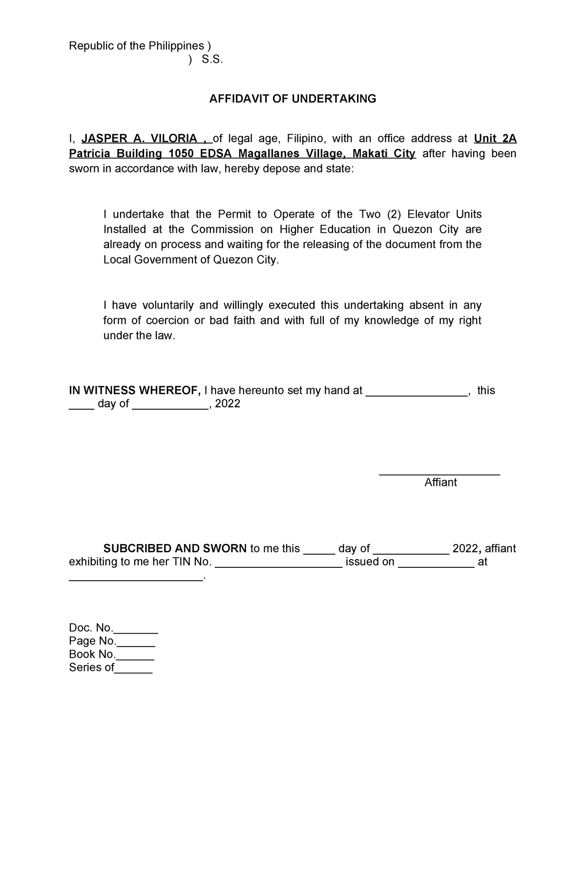 Affidavit-of-Undertaking - Republic of the Philippines ) ) S. AFFIDAVIT ...