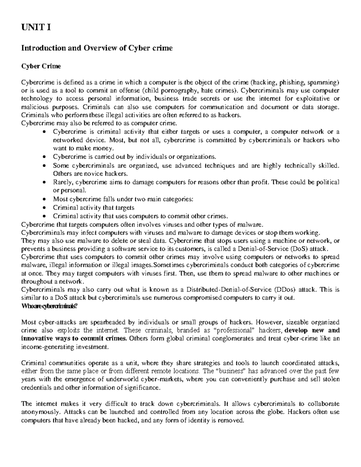 CS UNIT I - jkgdfkhg - UNIT I Introduction and Overview of Cyber crime ...