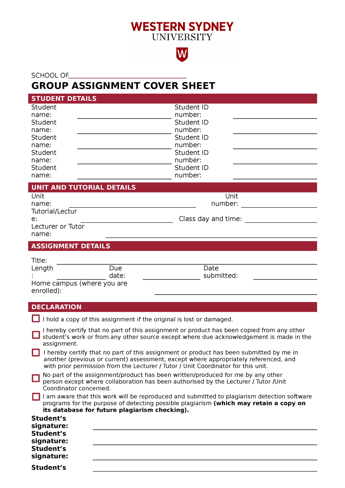 wsu group assignment cover sheet