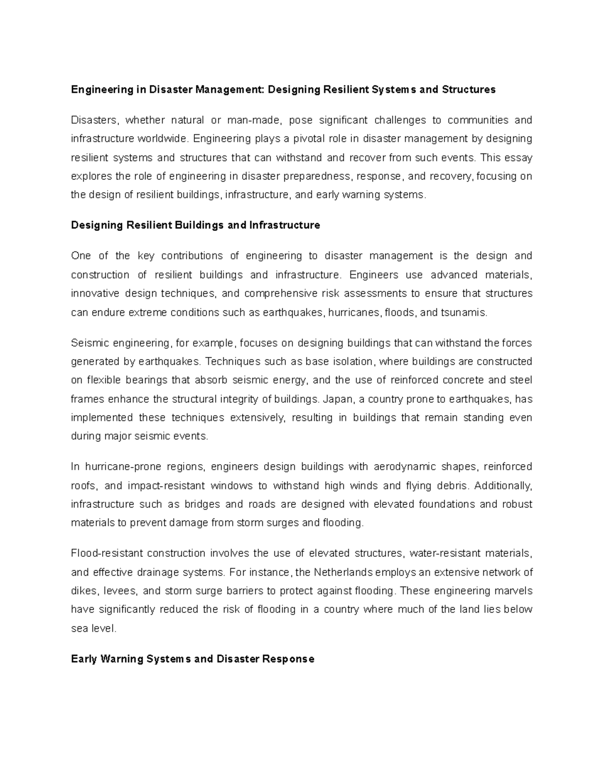 Engineering in Disaster Management Designing Resilient Systems and ...