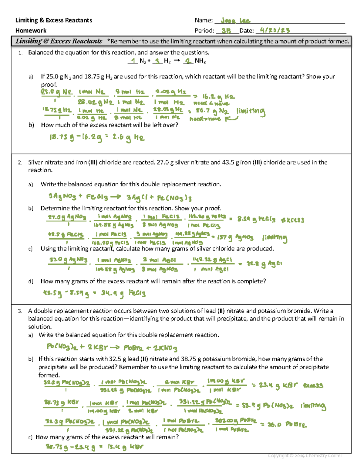 Worksheet 12.3 Limiting and excess reactant Limiting & Excess Reactants Name Studocu