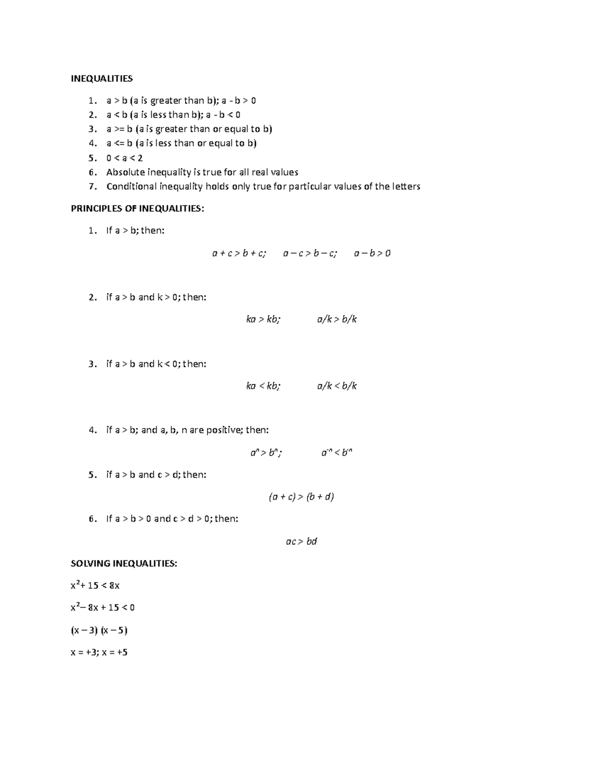 1.2 Inequalities And Linear Programming - INEQUALITIES A > B (a Is ...