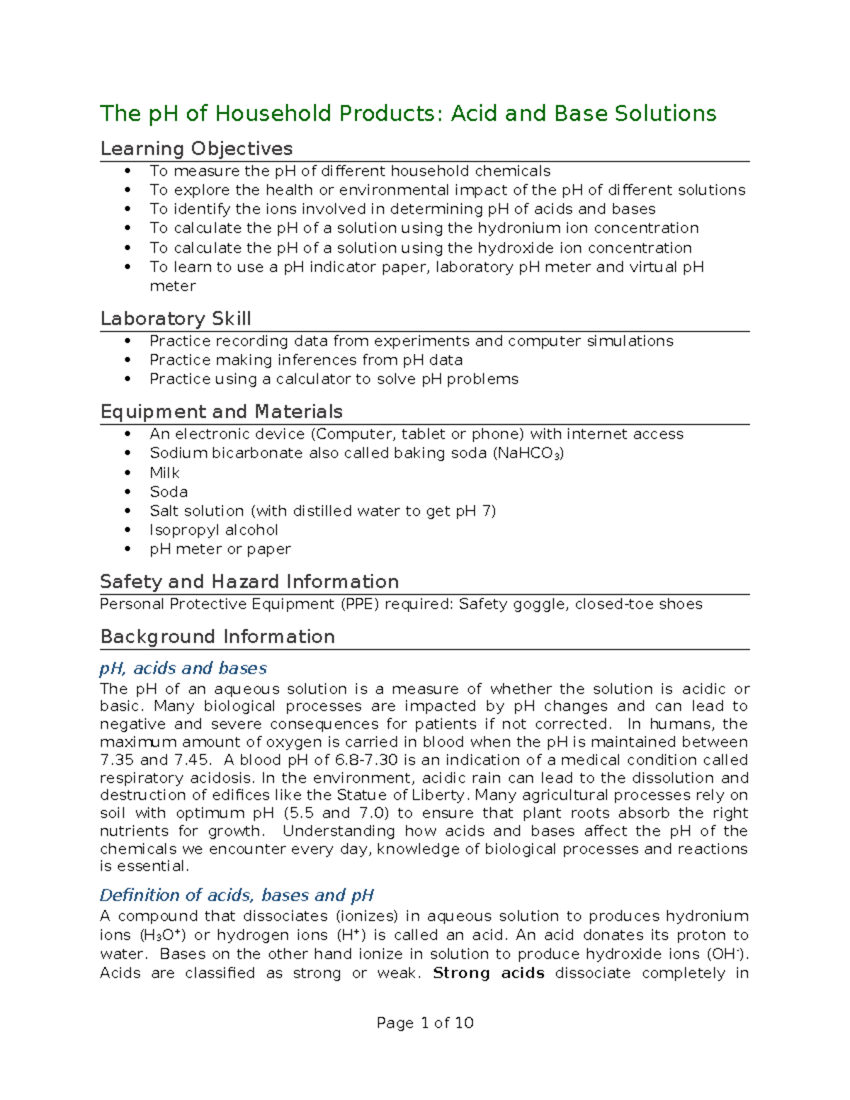 Lab11The p H of Household Products Acid and Base Solutions The pH