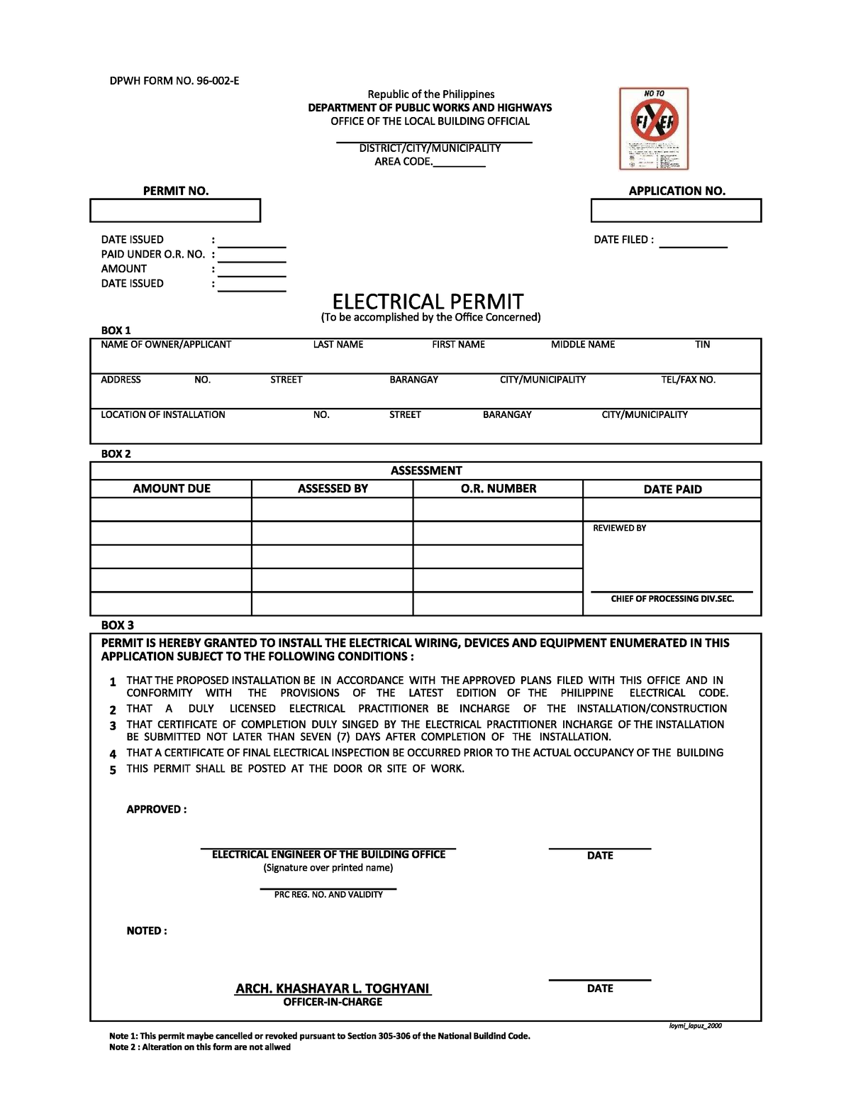 Dpwh electrical form 96 0001 e - Civil Engineering - Studocu