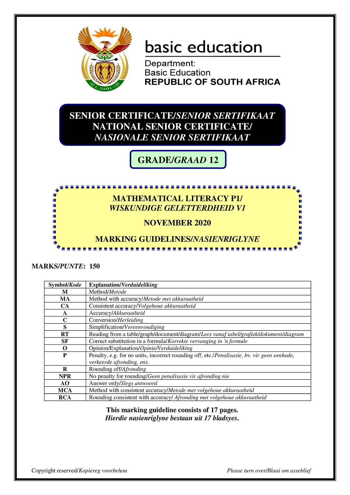 Mathematical Literacy P1 Nov 2020 Memo Afr Eng - MARKS/PUNTE: 150 ...