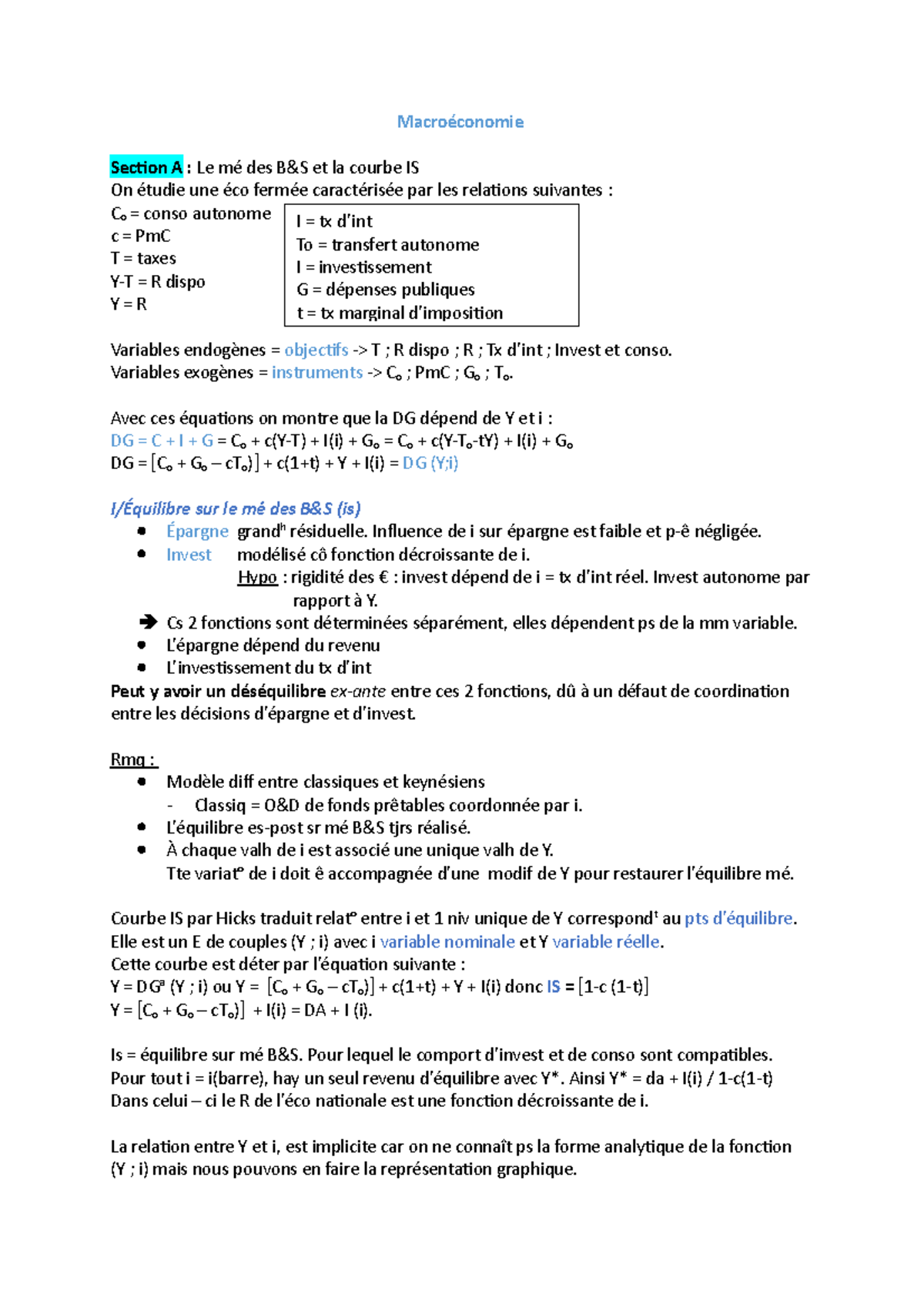 Macro. Modèle ISLM cours 1 - Macroéconomie Section A : Le mé des B&S et ...