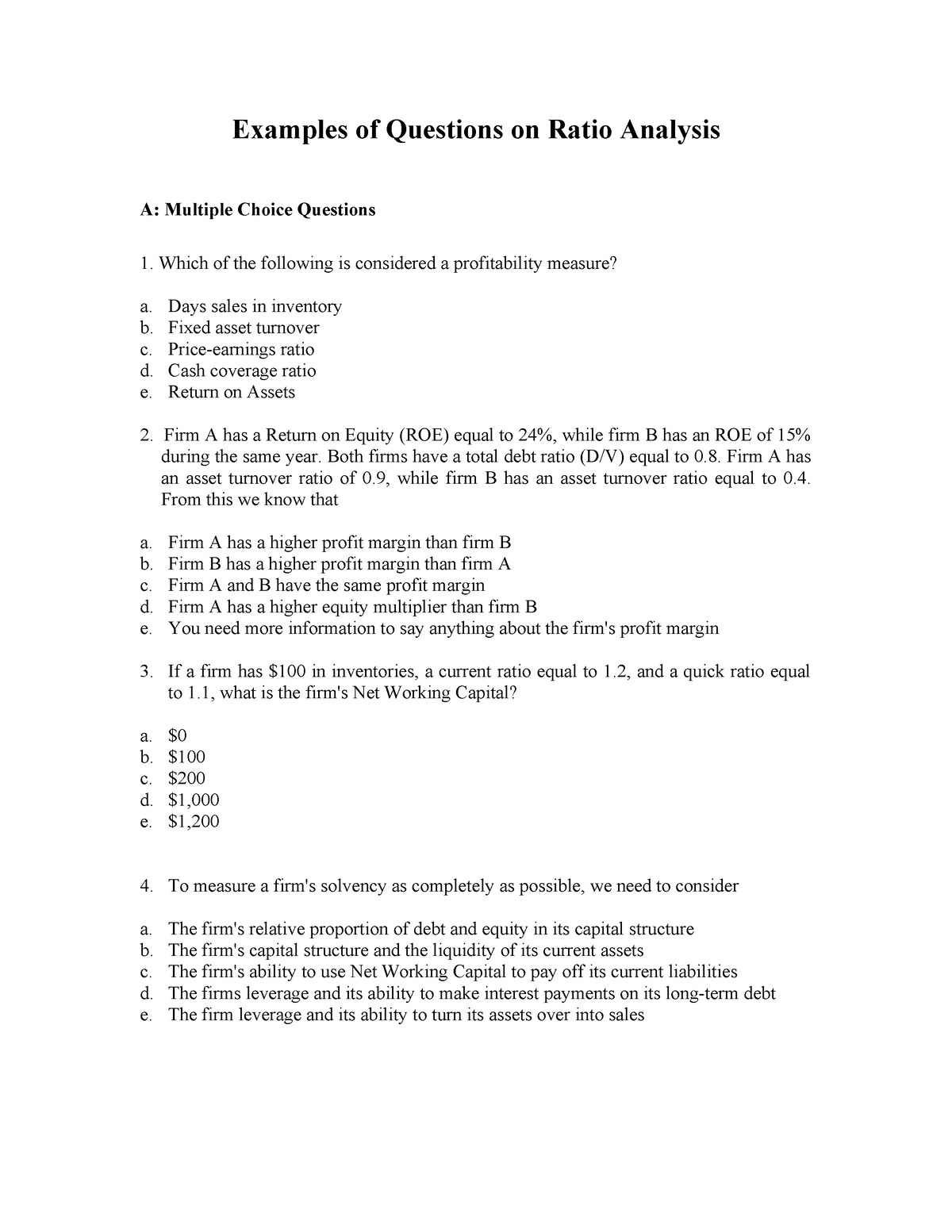 Ratios - Sample Problems - Examples Of Questions On Ratio Analysis A ...