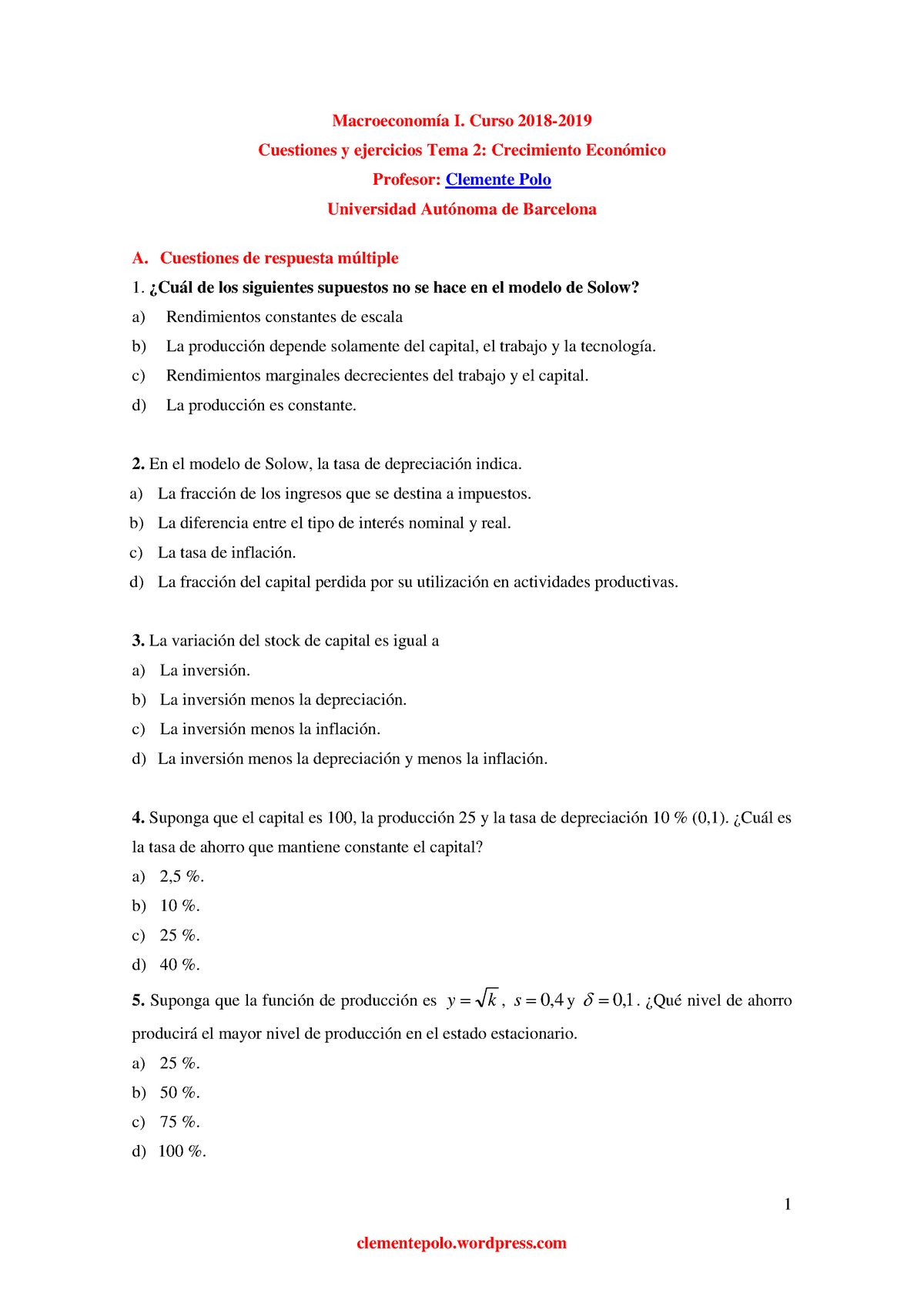 Tema 2. Cuestiones Y Ejercicios 2018-2019 (010219) - 1 Macroeconomía I ...