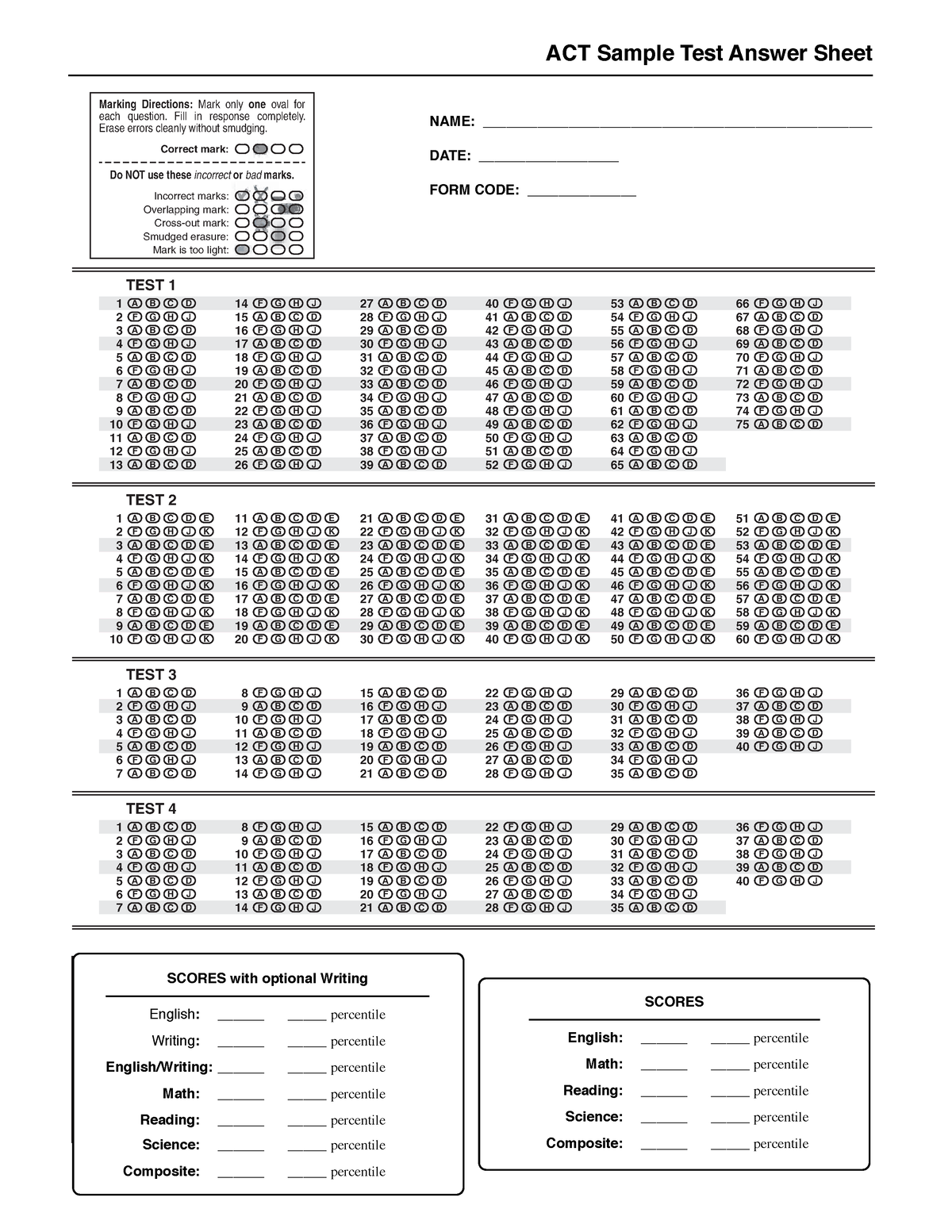 ACT Answer Sheet 1p 53 B 56C 56E 58 A 59A 60A 60D 62A 62C 62D 62E 62F