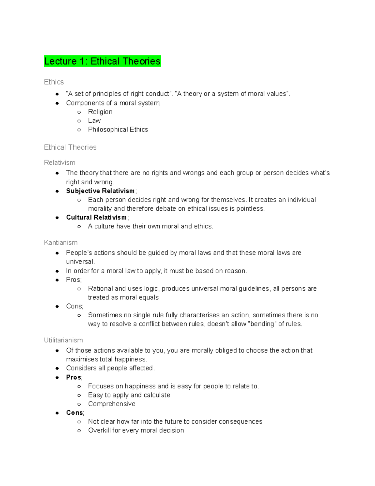 Lecture Notes - Lecture 1: Ethical Theories Ethics “A Set Of Principles ...