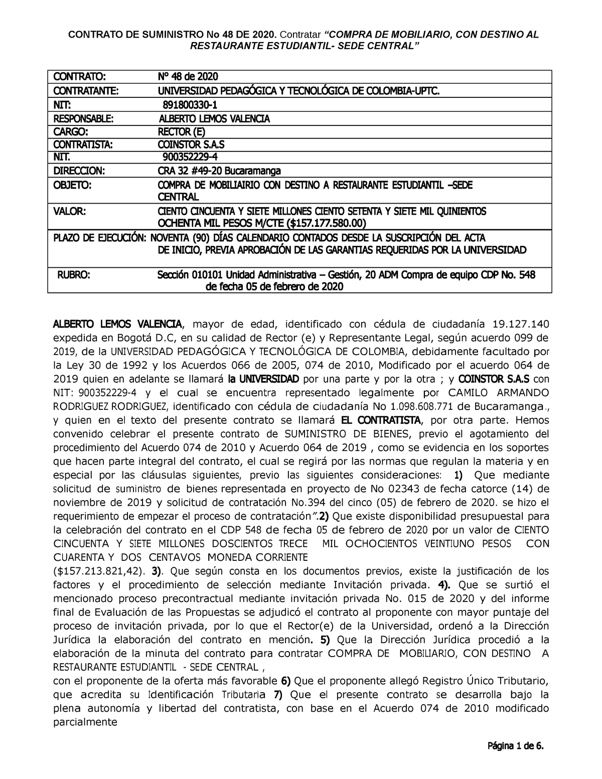 Contrato 48 de 2020 Restaurante - CONTRATO DE SUMINISTRO No 48 DE 2020.  Contratar “COMPRA DE - Studocu
