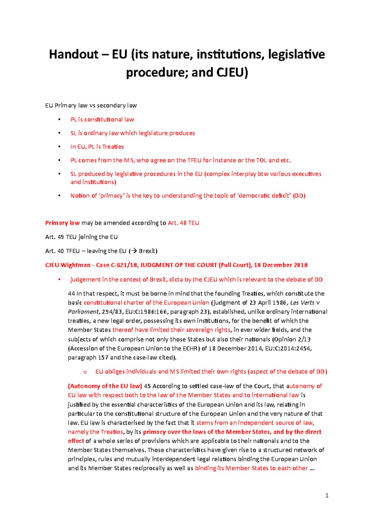 Lecture 2 Handout with notes - Handout – EU (its nature, institutions ...