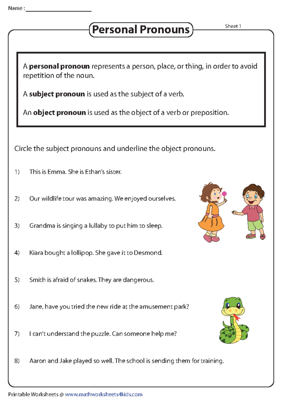Subject Pronouns Worksheet For Grade 1