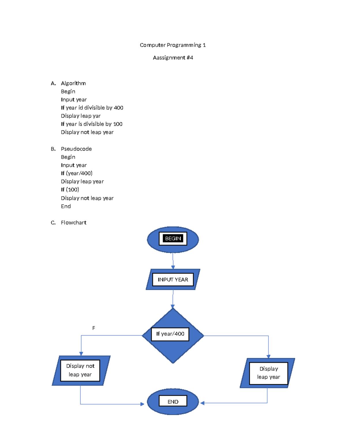 Computer Programming 1 - BS Education - Algorithm Begin Input year If ...