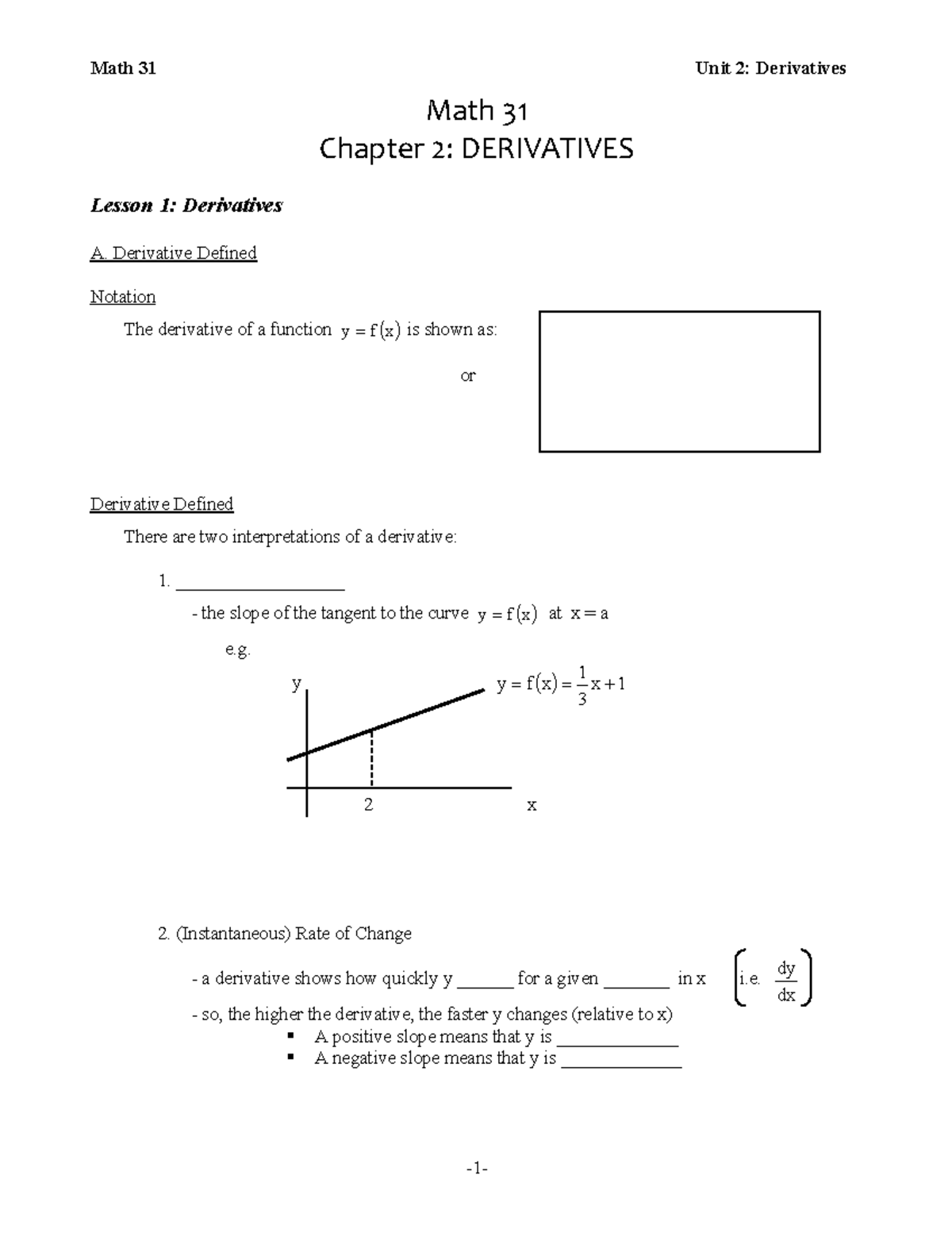 Chp 2Derivatives Student Notes Math 31 Chapter 2 DERIVATIVES Lesson