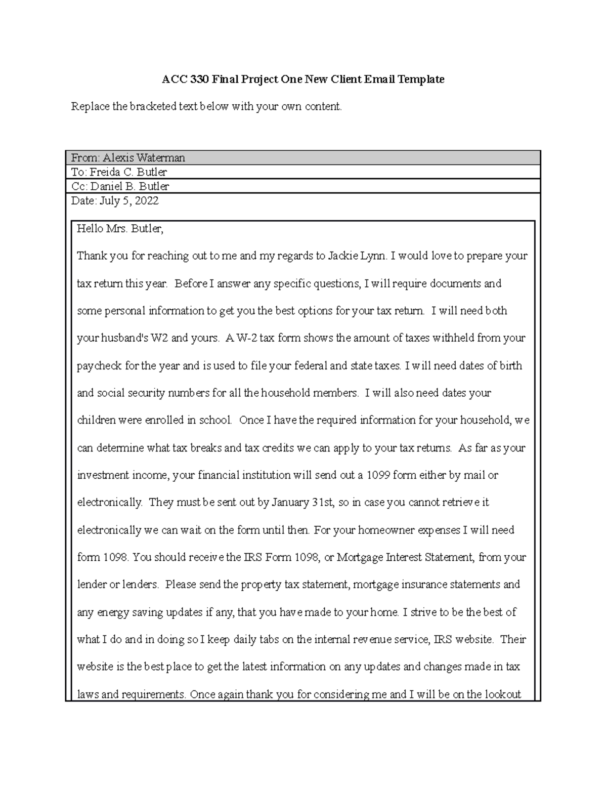 ACC 330 Final Project One New Client Email Template - From: Alexis ...