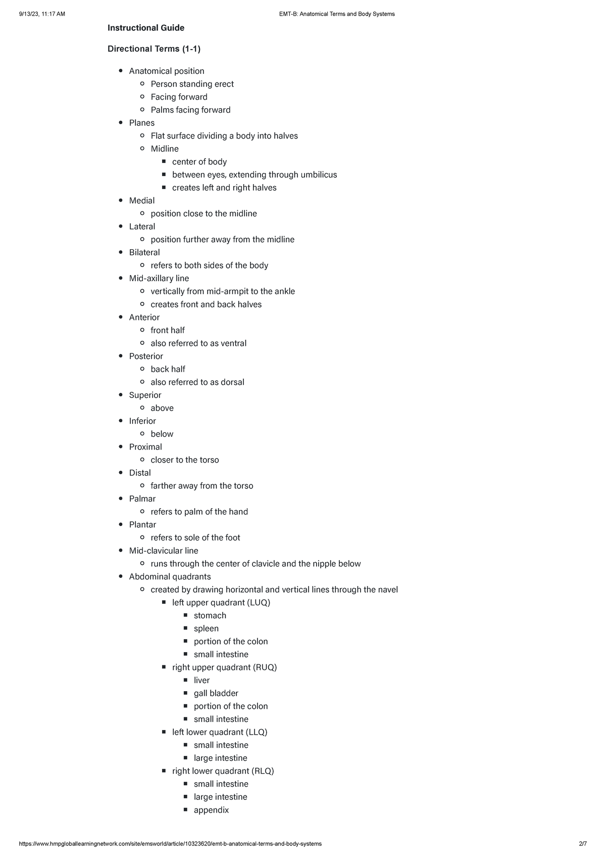 EMTB Anatomical Terms and Body Systems Instructional Guide
