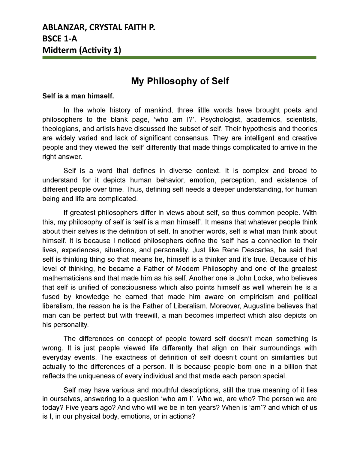 philosophy understanding the self essay
