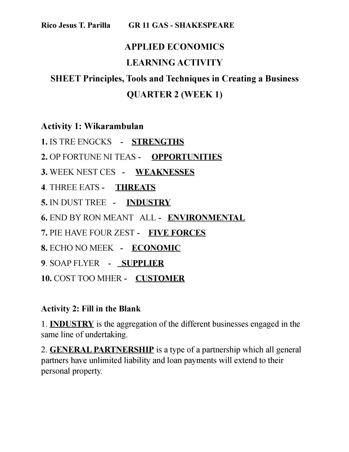 Applied Economics WEEK 1. Q2 - APPLIED ECONOMICS LEARNING ACTIVITY ...