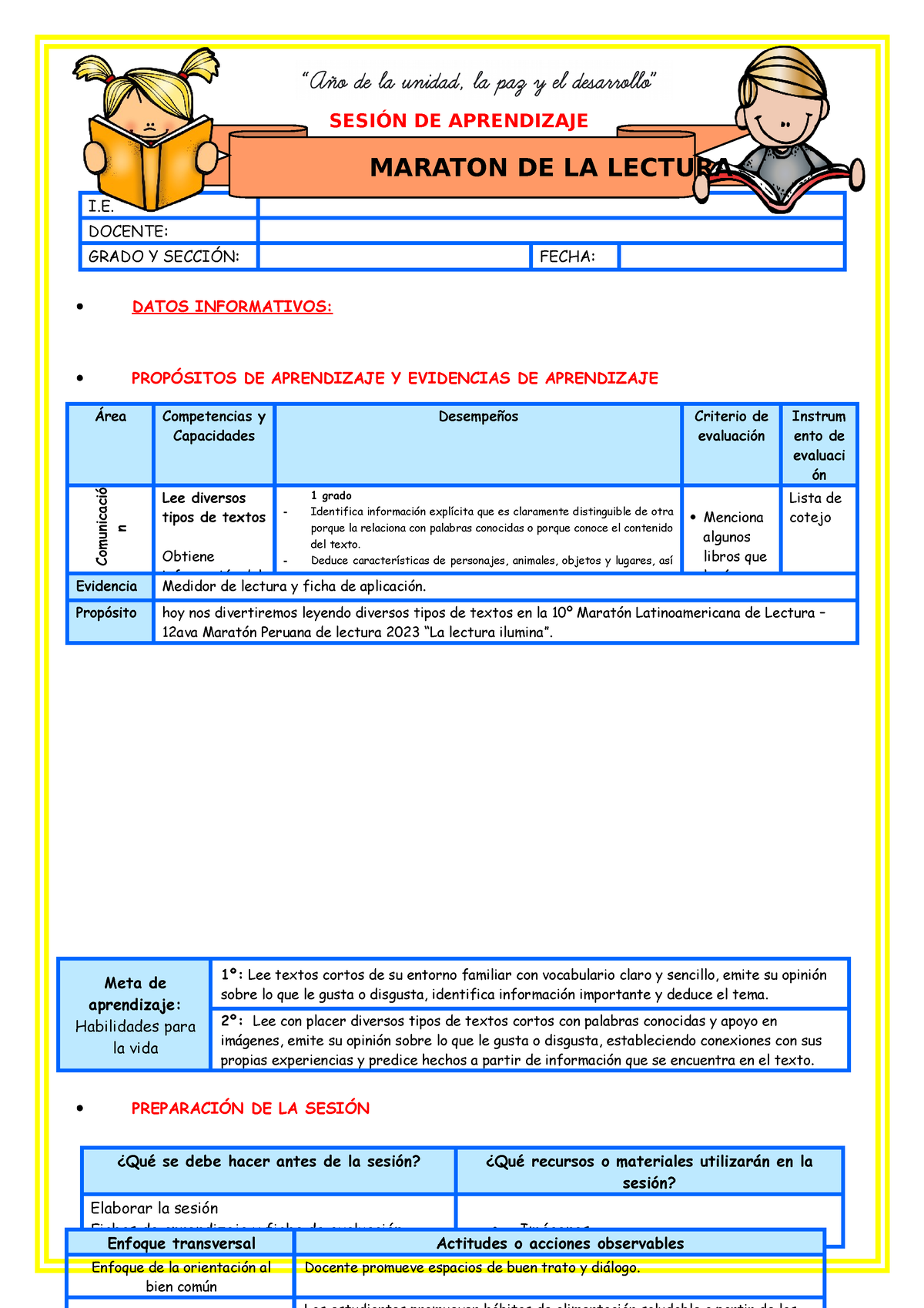 Adicional Sesión Maraton DE LA Lectura - SESIÓN DE APRENDIZAJE I ...