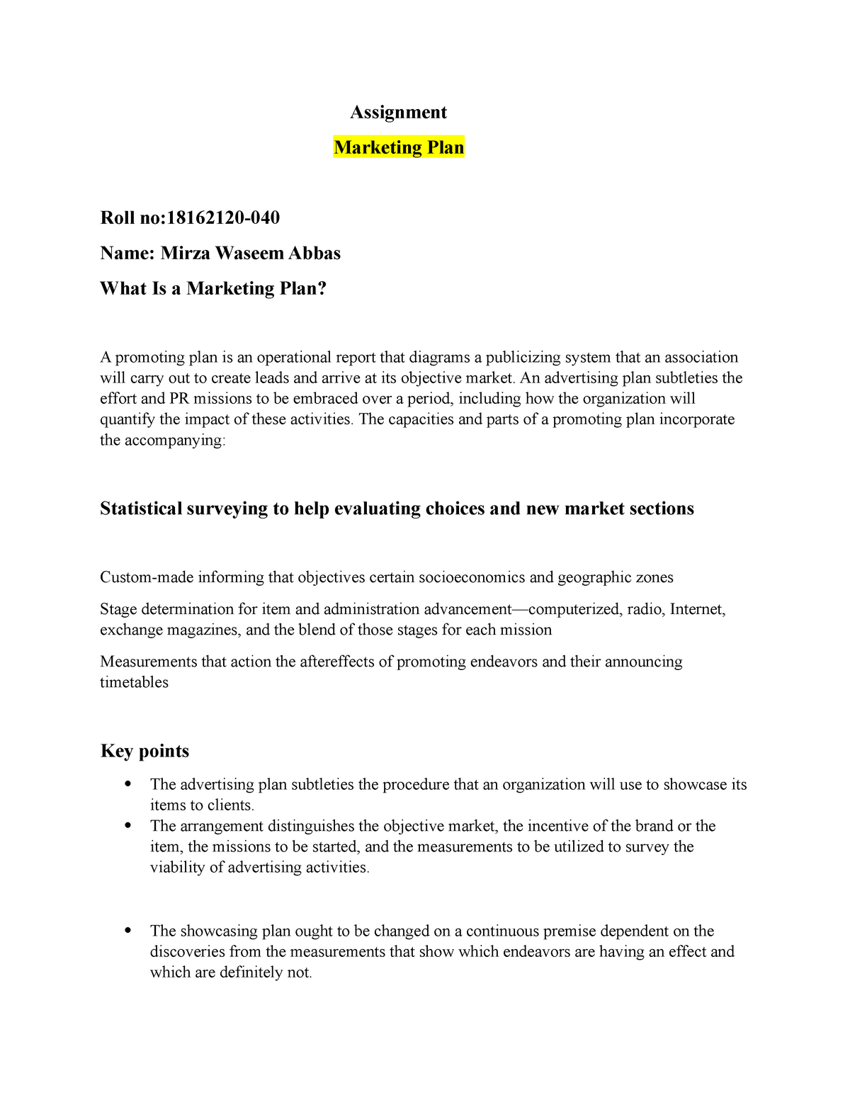 marketing plan assignment ideas