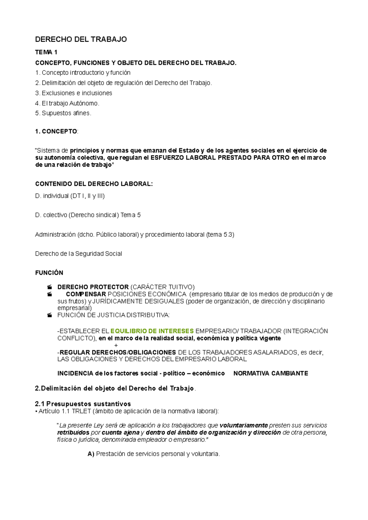 Examen T1 Derecho Del Trabajo - DERECHO DEL TRABAJO TEMA 1 CONCEPTO ...