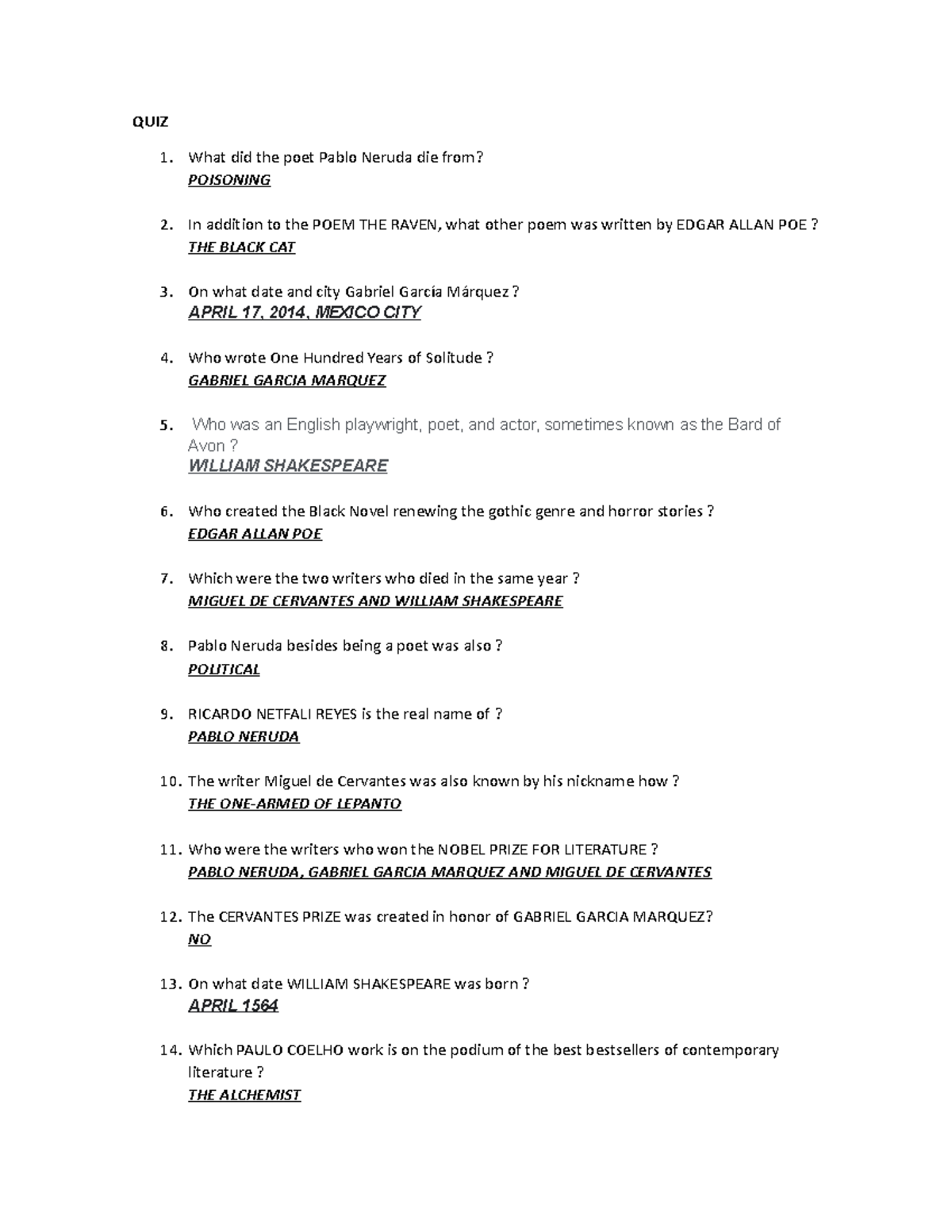 QUIZ Escritores MAS Famosos - QUIZ What did the poet Pablo Neruda die ...