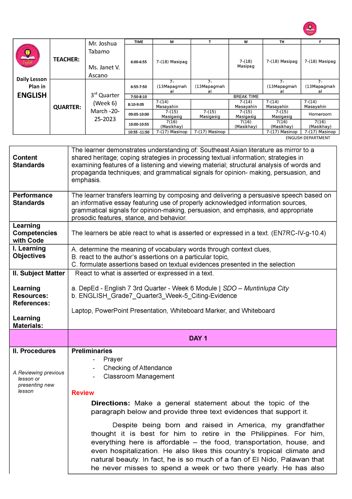 DLL 3rd Quarter Week 5 Preparedby ST Joshua Daily Lesson Plan in