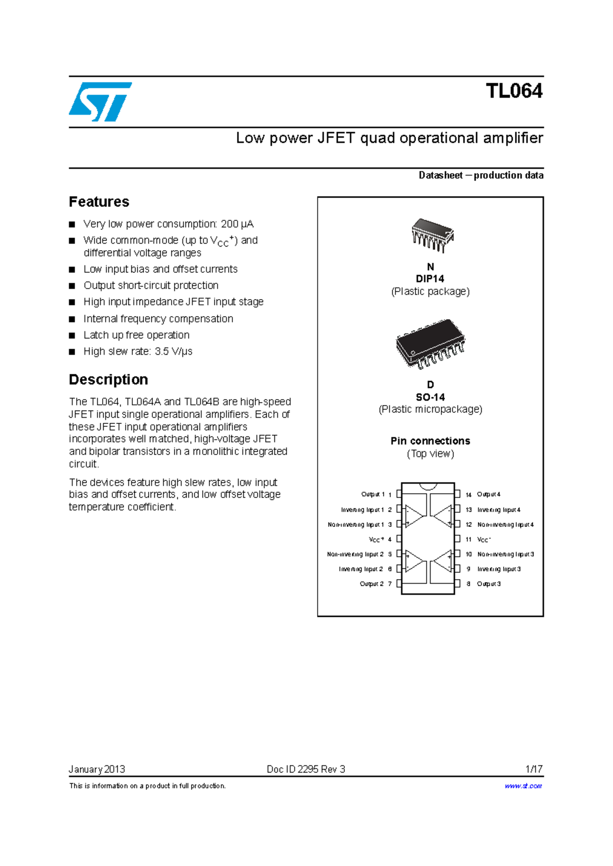 STMicro TL064 Op Amp Data Sheet - This is information on a product in ...
