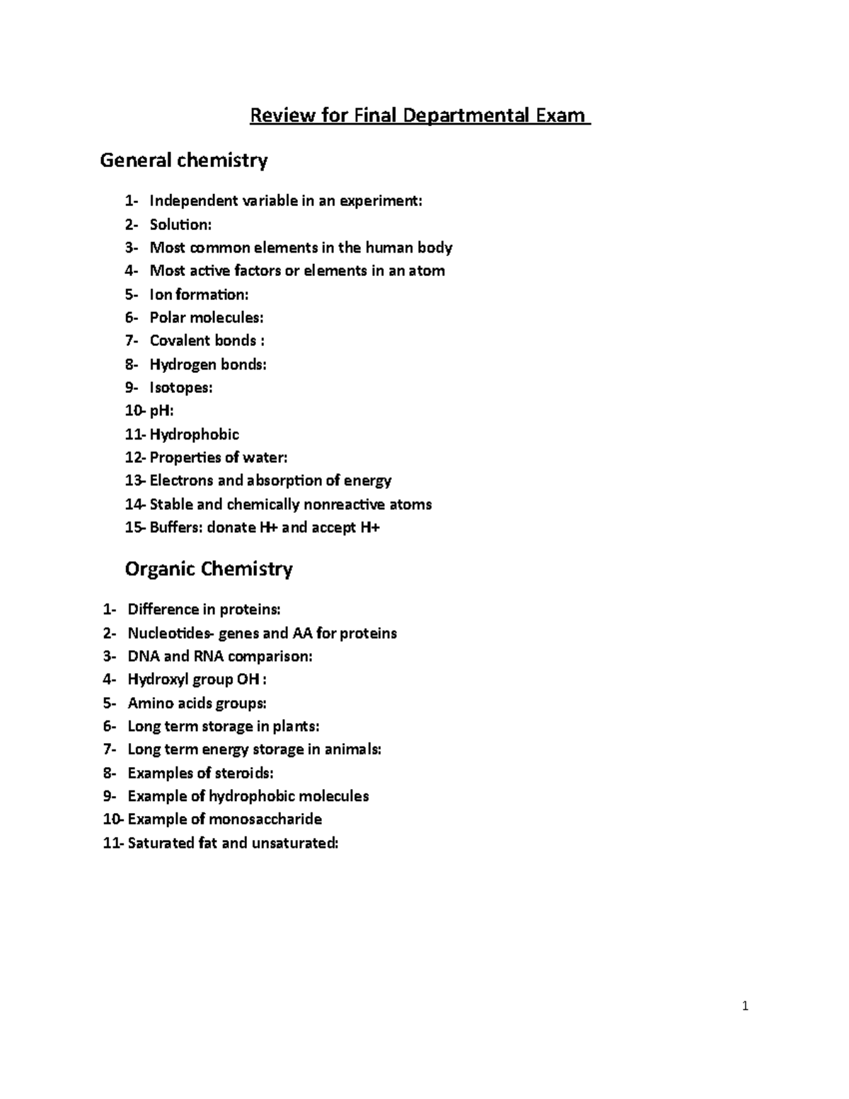 Study Guide for Final - Review for Final Departmental Exam General ...
