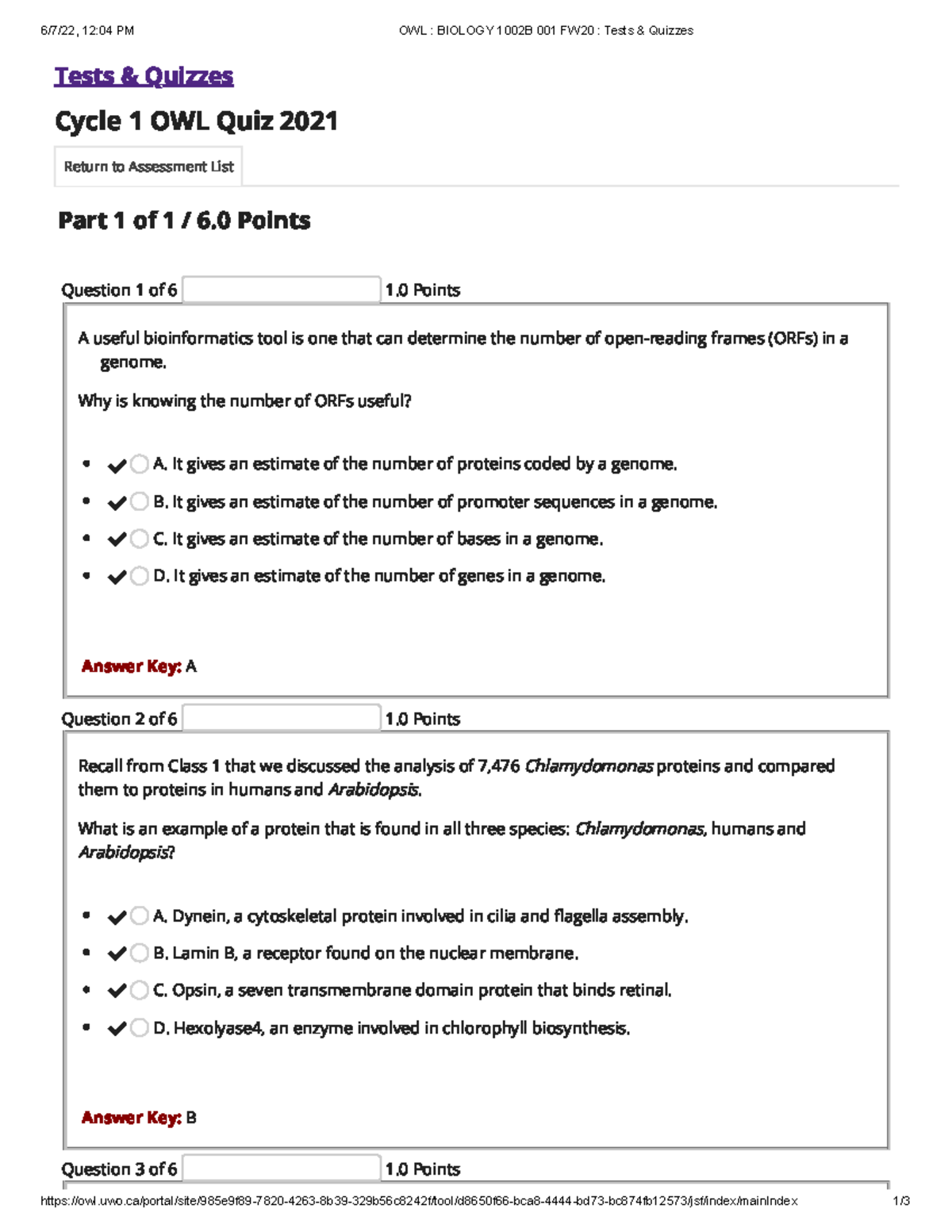 Quizcycle 01 - Quiz 1 - 6/7/22, 12:04 PM OWL : BIOLOGY 1002B 001 FW20 ...