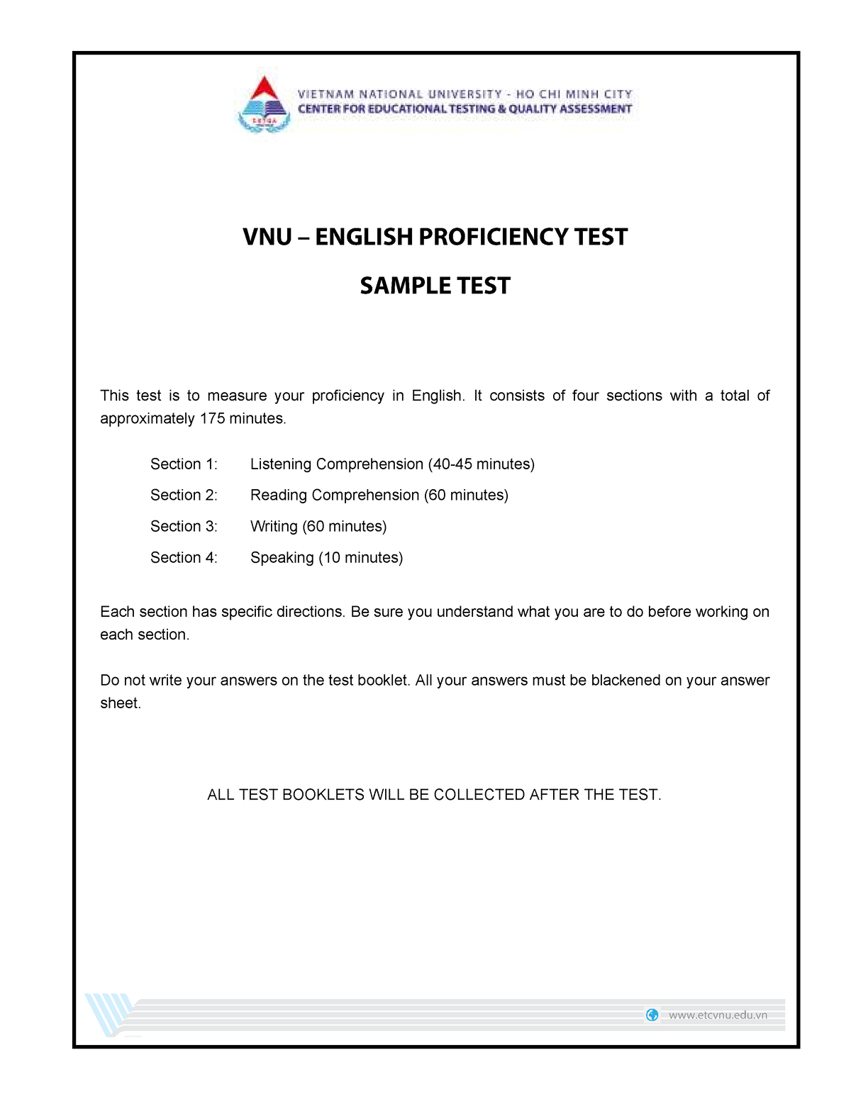 VNU-EPT Sample Test And Key- Official Version 2 - VNU – ENGLISH ...