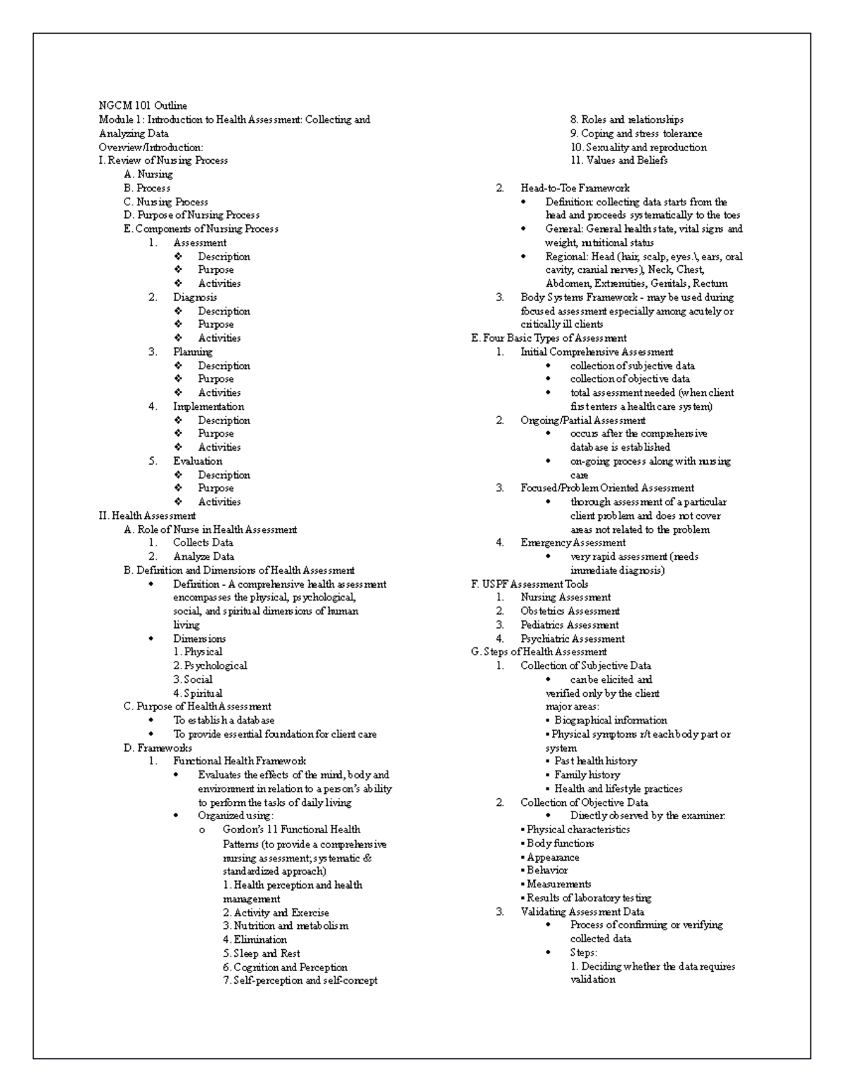 NGCM 101 Outline - This covers the preliminaries of Health Assessment ...