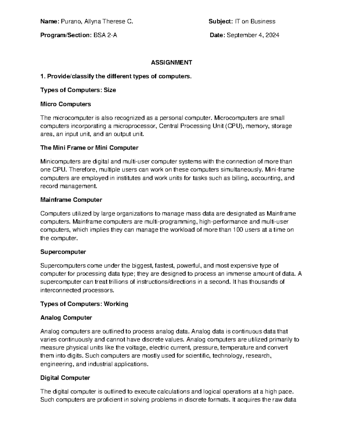 Ittb - assignment - Name: Purano, Allyna Therese C. Subject: IT on ...