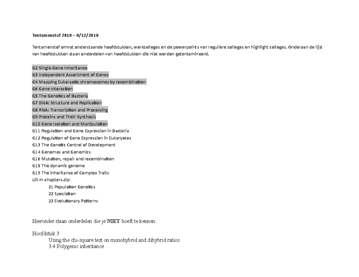 Aantekening Van Tentamenstof 2019 Genetica En Evolutie - Tentamenstof ...