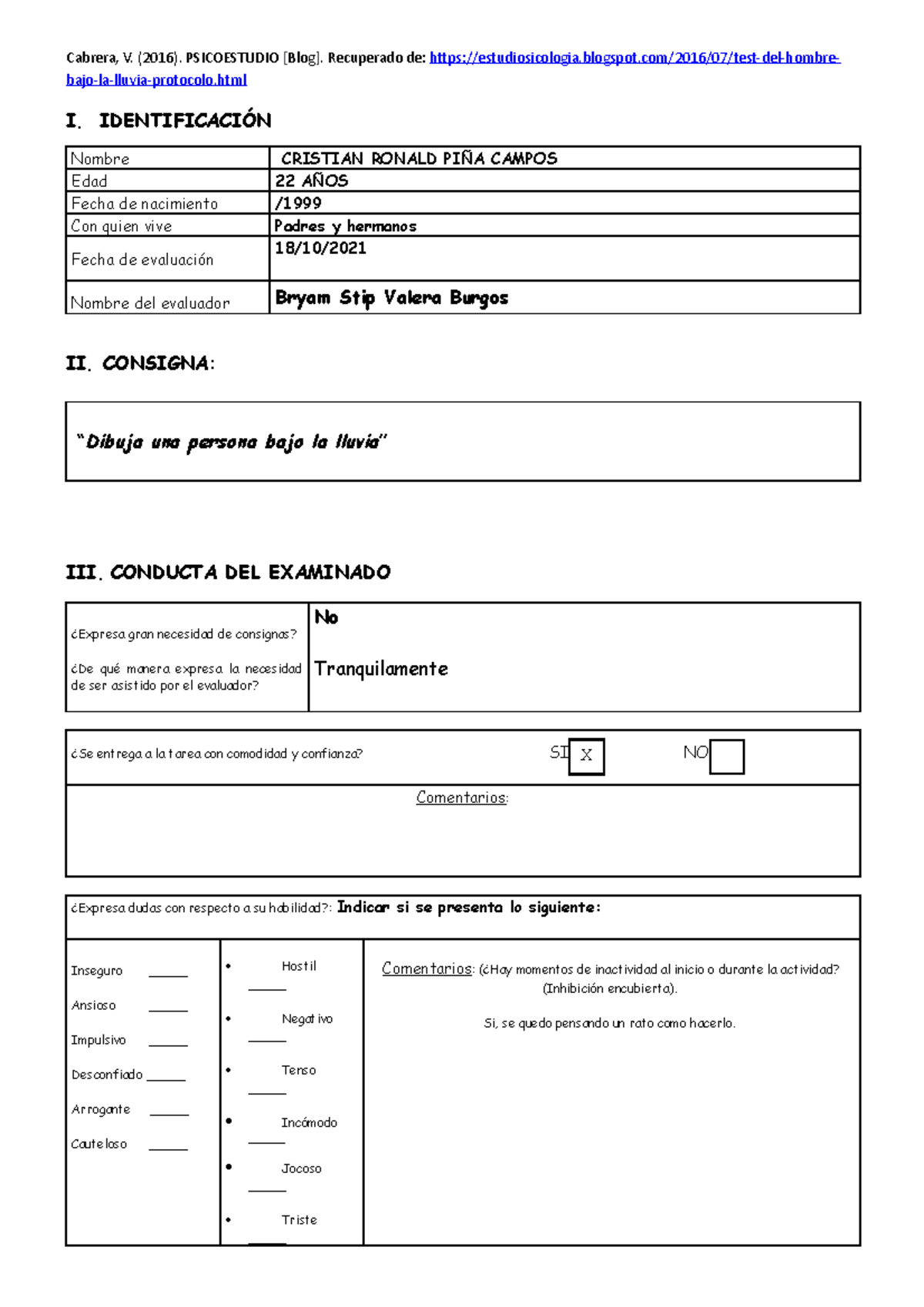 Protocolo Indicadores - Test Persona Bajo La Lluvia - Cabrera, V. (2016 ...