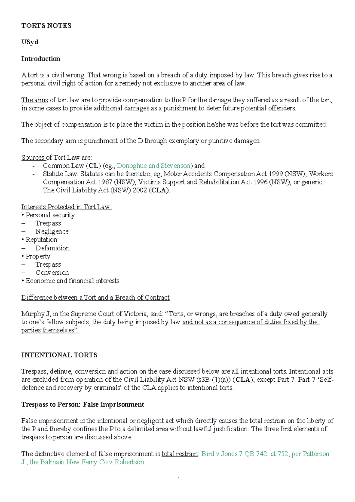 Torts Study notes - TORTS NOTES USyd Introduction A tort is a civil ...