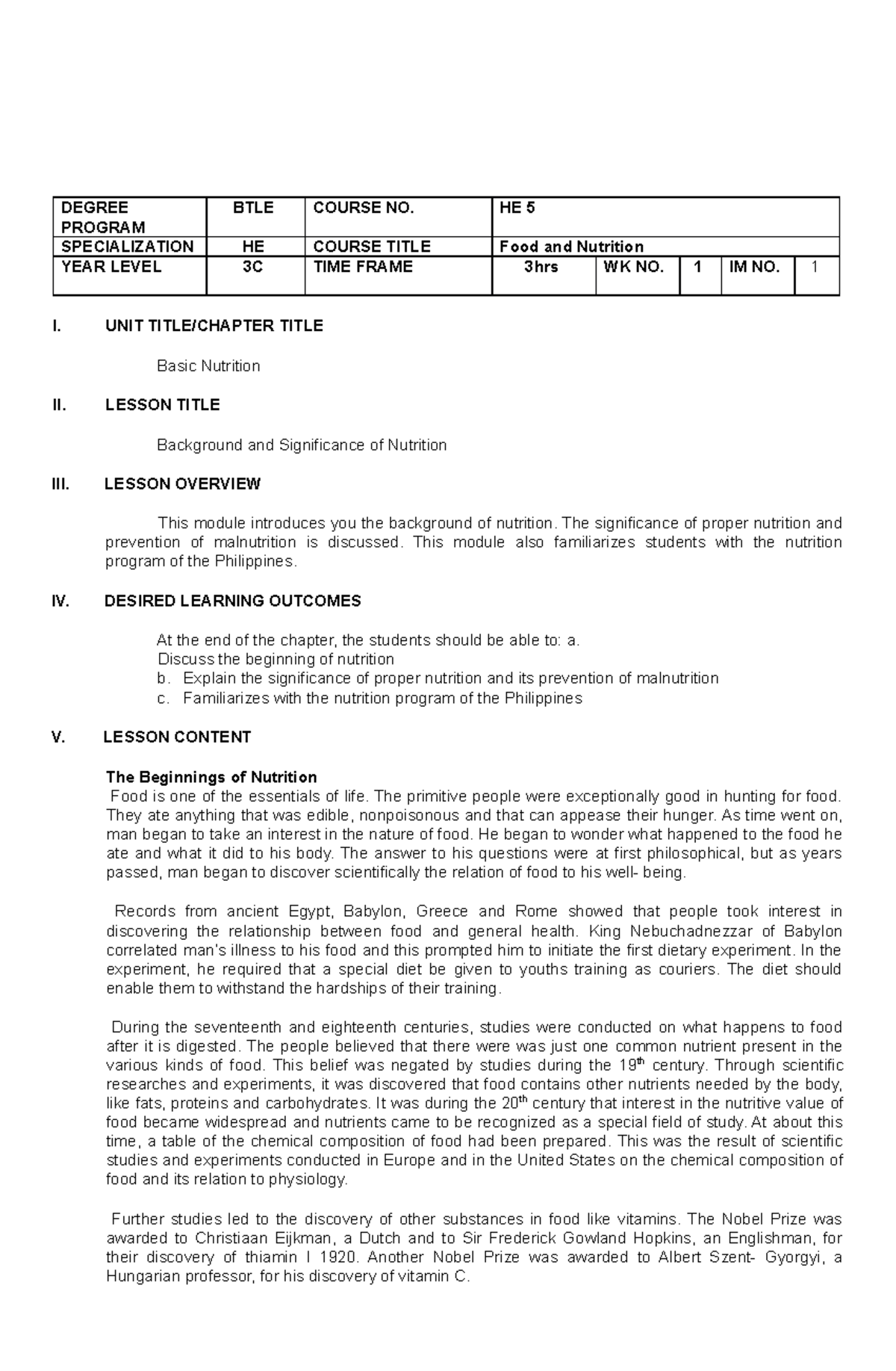 HE 5 Basic Nutrition - Home Economics - DEGREE PROGRAM BTLE COURSE NO ...