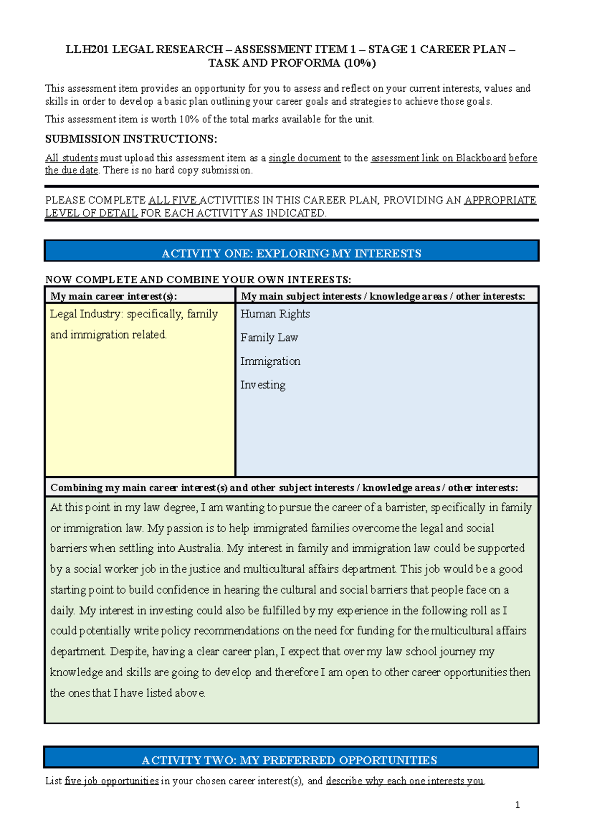 LLH201 Career Plan Task 1 - LLH201 LEGAL RESEARCH – ASSESSMENT ITEM 1 ...