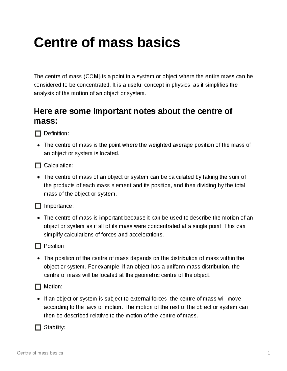 Centre of mass basics Self written digitled notes Centre of mass