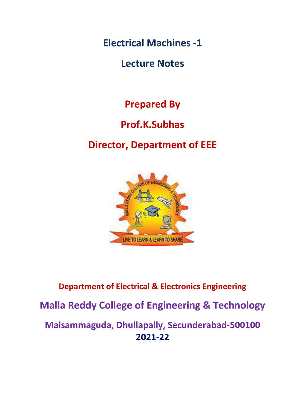 Electrical Machines -1 - Electrical Machines - Lecture Notes Prepared ...