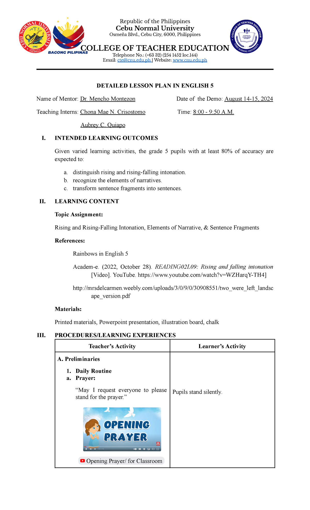 English 5, Lesson 1 Lesson Plan - Cebu Normal University Osmeña Blvd ...