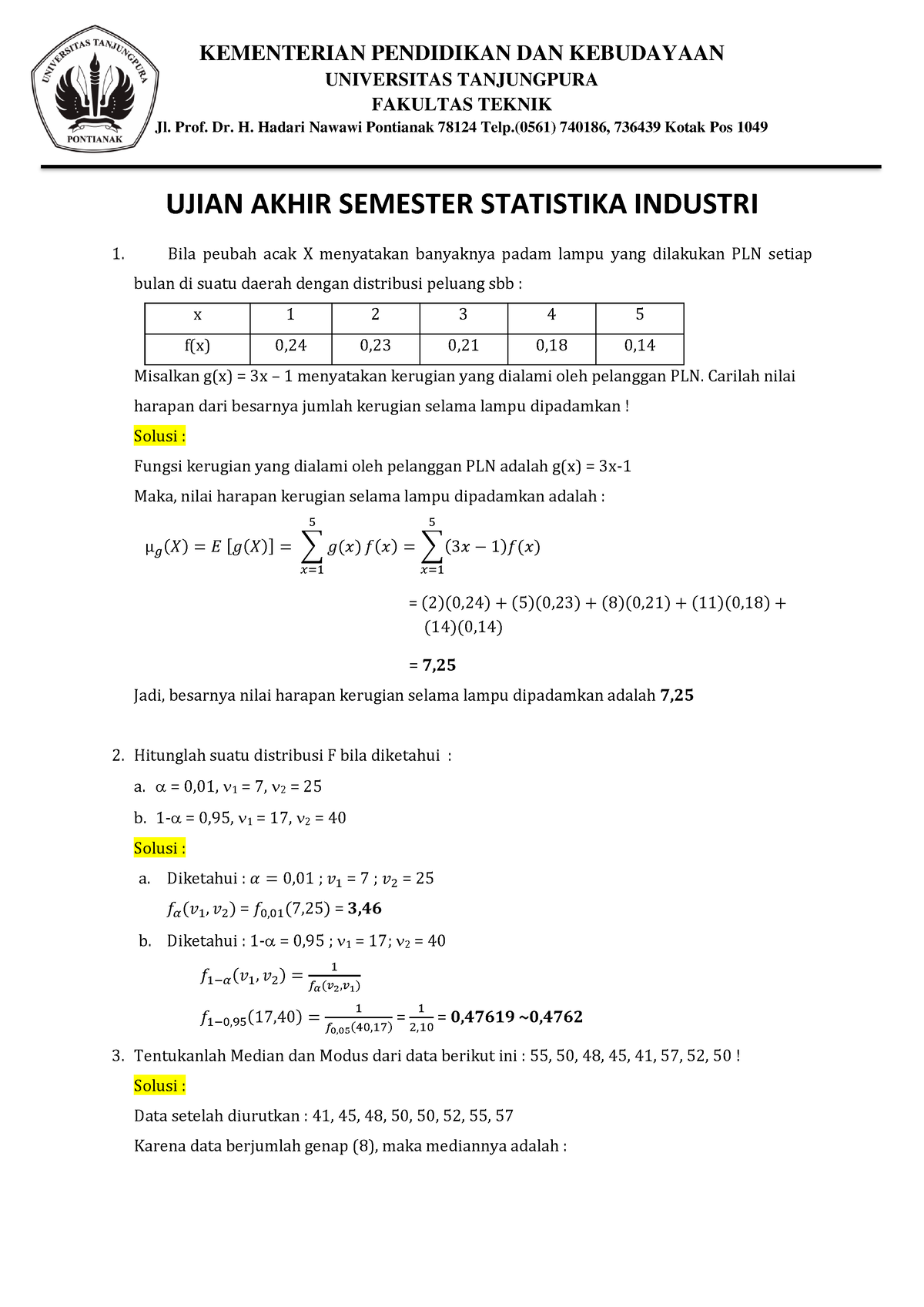 Industrial Statistics Final Exam - KEMENTERIAN PENDIDIKAN DAN ...