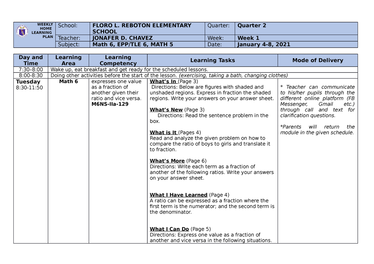 WHLP Quarter 2 WEEK 1 - EDUCATION - WEEKLY HOME LEARNING PLAN School ...